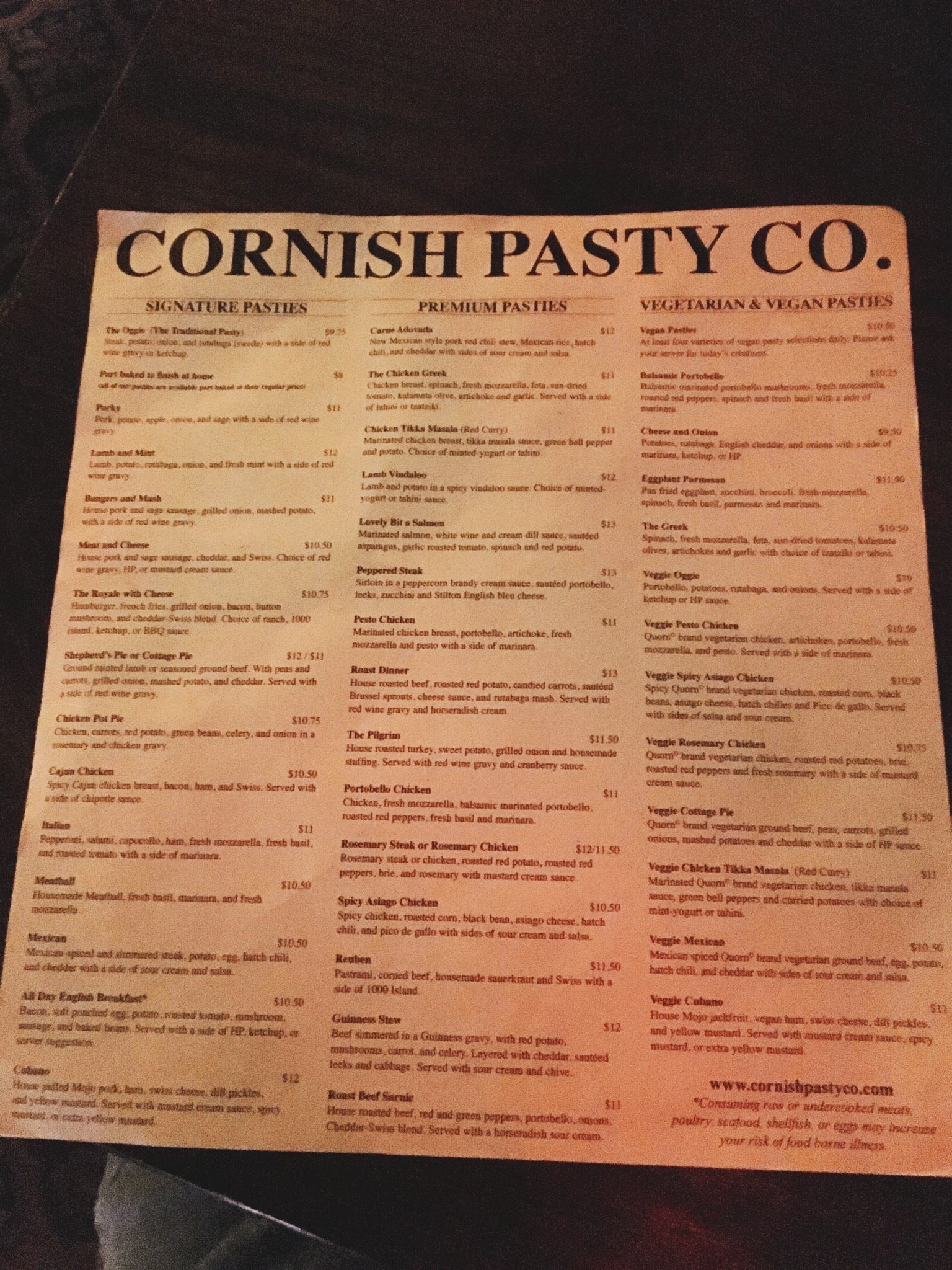 Cornish Pasty Co Menu